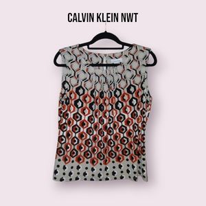 Calvin Klein NWT Sleeveless Blouse - Chic Beige with Red, White, and Black